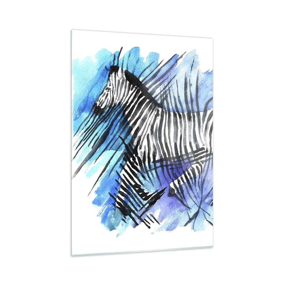 Quadro su vetro - Una zebra in una composizione artistica ad acquerello su uno sfondo blu - 50x70cm - Nascosta nelle strisce - Decorazione murale moderna per soggiorno e camera da letto ARTTOR
