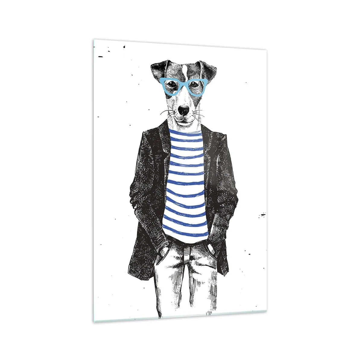 Quadro su vetro - Ritratto di un cane con occhiali e camicia da marinaio in stile umoristico - 70x100cm - Incantesimo sul cane - Decorazione murale moderna per soggiorno e camera da letto ARTTOR