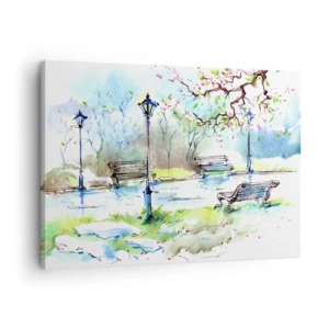 Quadro su tela - Stampe su Tela - Scena di parco ad acquerello con panchine e lampade - 70x50cm - Il fascino del silenzio del parco - Decorazione murale moderna per soggiorno e camera da letto ARTTOR