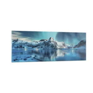 Quadro su vetro - Aurora boreale su montagne innevate e un lago - 140x50cm - Notte di luce - Decorazione murale moderna per soggiorno e camera da letto ARTTOR