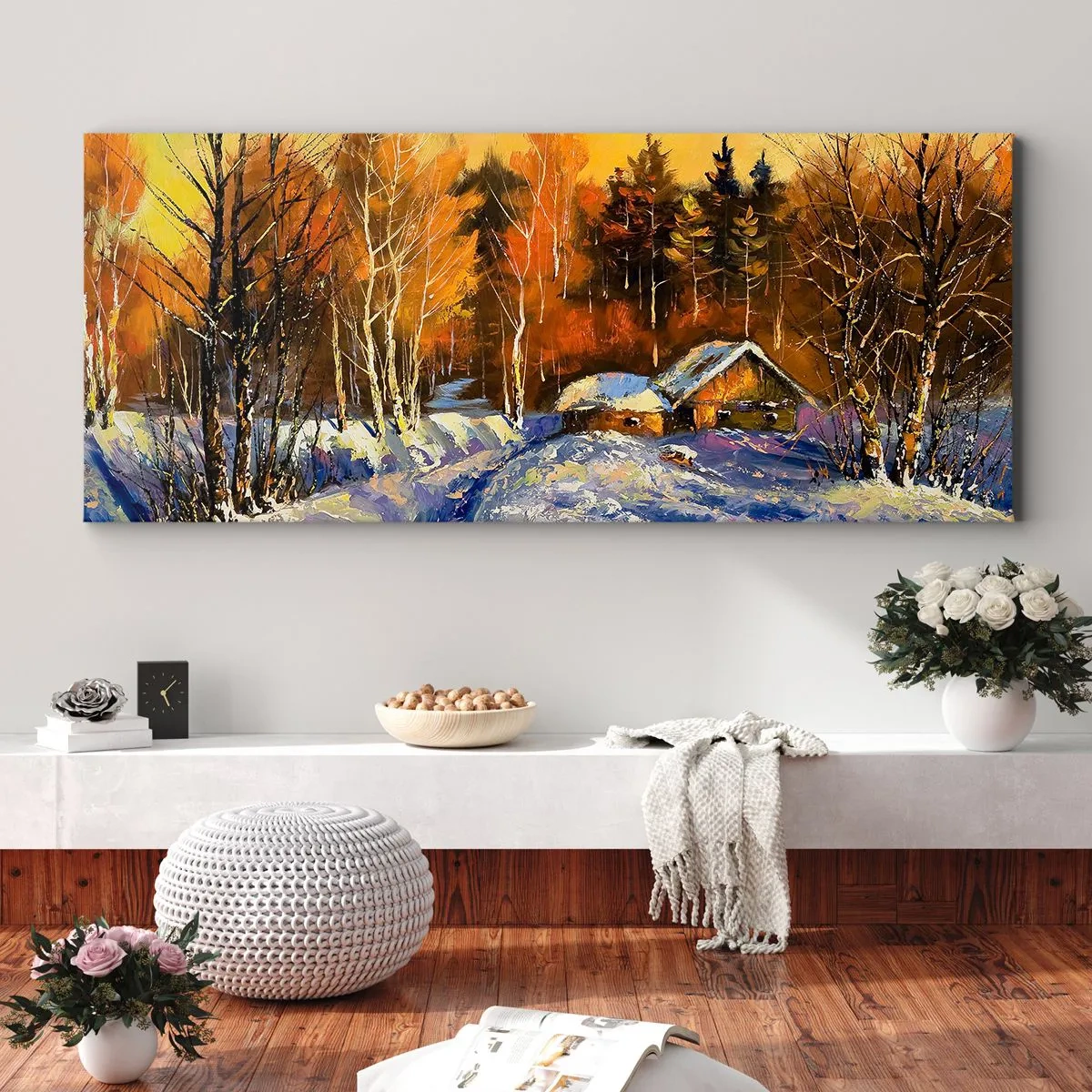 Quadro su tela - Stampe su Tela - Paesaggio invernale con una casa alla luce del sole al tramonto - 160x50cm - Impressionismo invernale al sole - Decorazione murale moderna per soggiorno e camera da letto ARTTOR