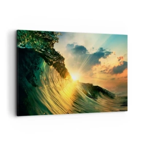 Quadro su tela - Stampe su Tela - Un'onda con il sole al tramonto e le nuvole illuminate - 100x70cm - Surfista, dove sei? - Decorazione murale moderna per soggiorno e camera da letto ARTTOR