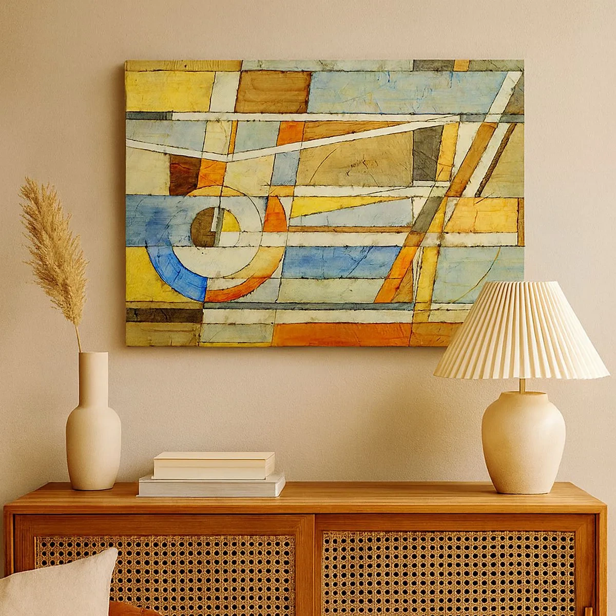 Quadro su tela - Stampe su Tela - Astrazione geometrica nei toni del beige, blu e arancione - 70x50cm - Cubismo in cantiere - Decorazione murale moderna per soggiorno e camera da letto ARTTOR