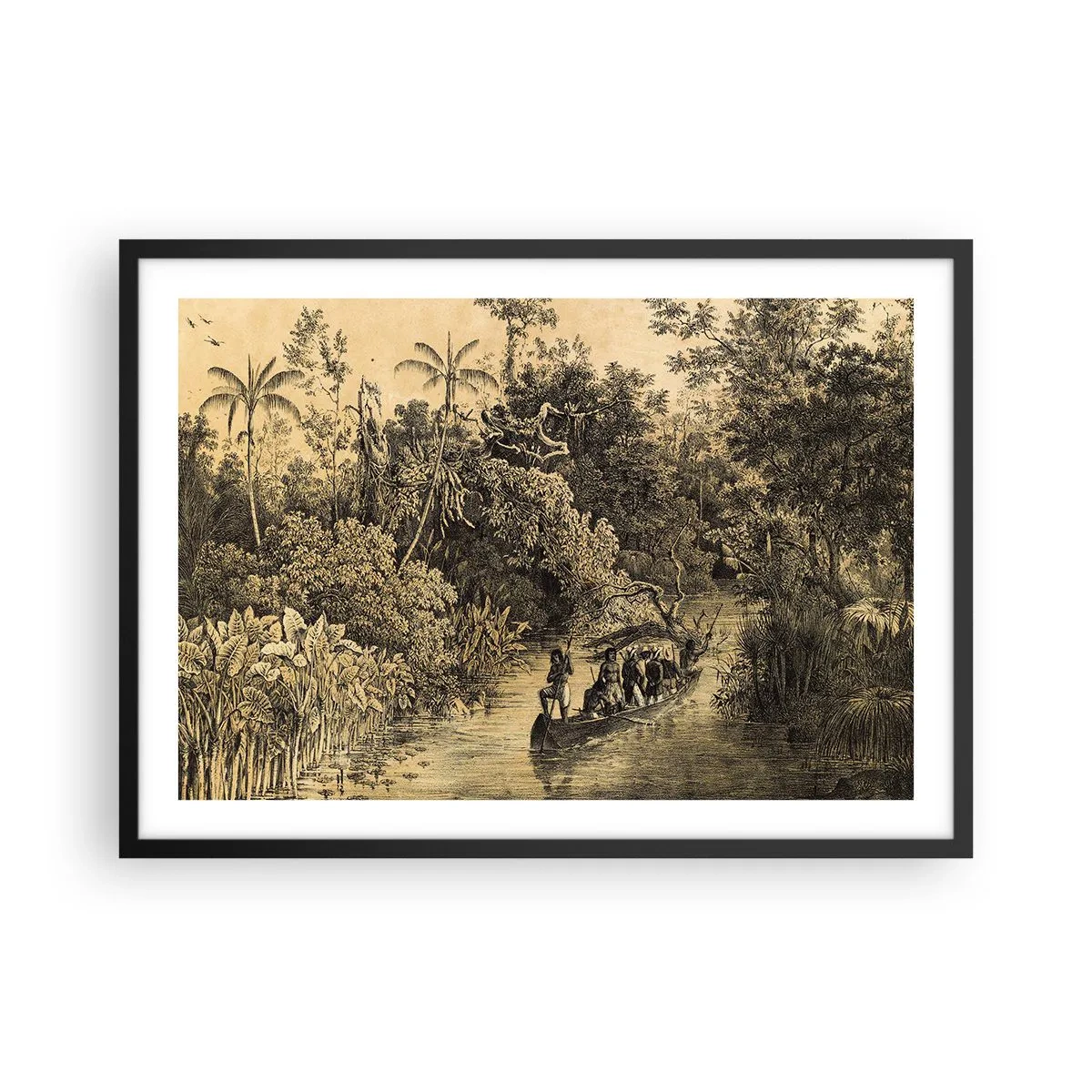 Poster in cornice nera - Disegno di una giungla con una barca su un fiume - 70x50cm - Viaggio alla fonte - Decorazione murale moderna per soggiorno e camera da letto ARTTOR