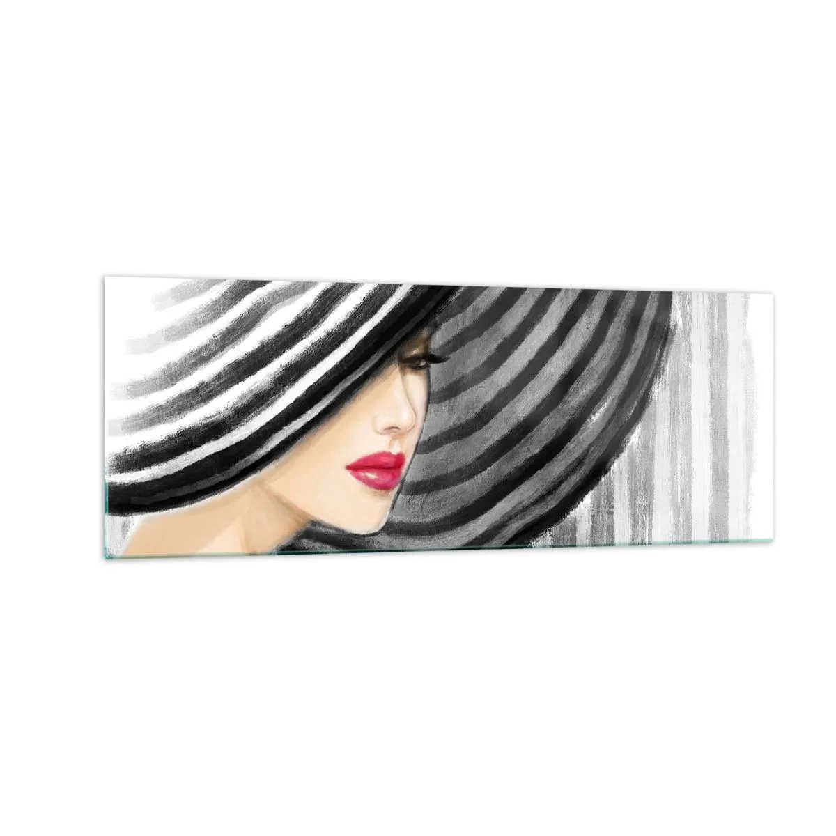 Quadro su vetro - Donna che indossa un cappello bianco e nero con un accento rosso - 140x50cm - Dove trovarti? - Decorazione murale moderna per soggiorno e camera da letto ARTTOR