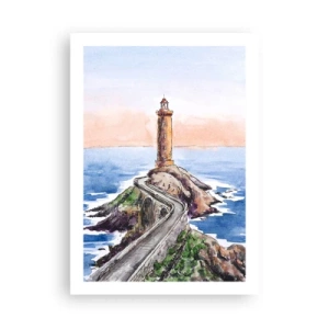 Poster - Illustrazione ad acquerello di un faro su una costa rocciosa - 50x70cm - Rivolto verso il mare - Decorazione murale moderna per soggiorno e camera da letto ARTTOR