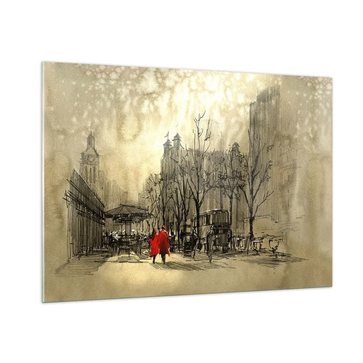 Quadro su vetro - Un appuntamento nella nebbia londinese con un tocco di cappotto rosso - 100x70cm - Appuntamento nella nebbia di Londra  - Decorazione murale moderna per soggiorno e camera da letto ARTTOR