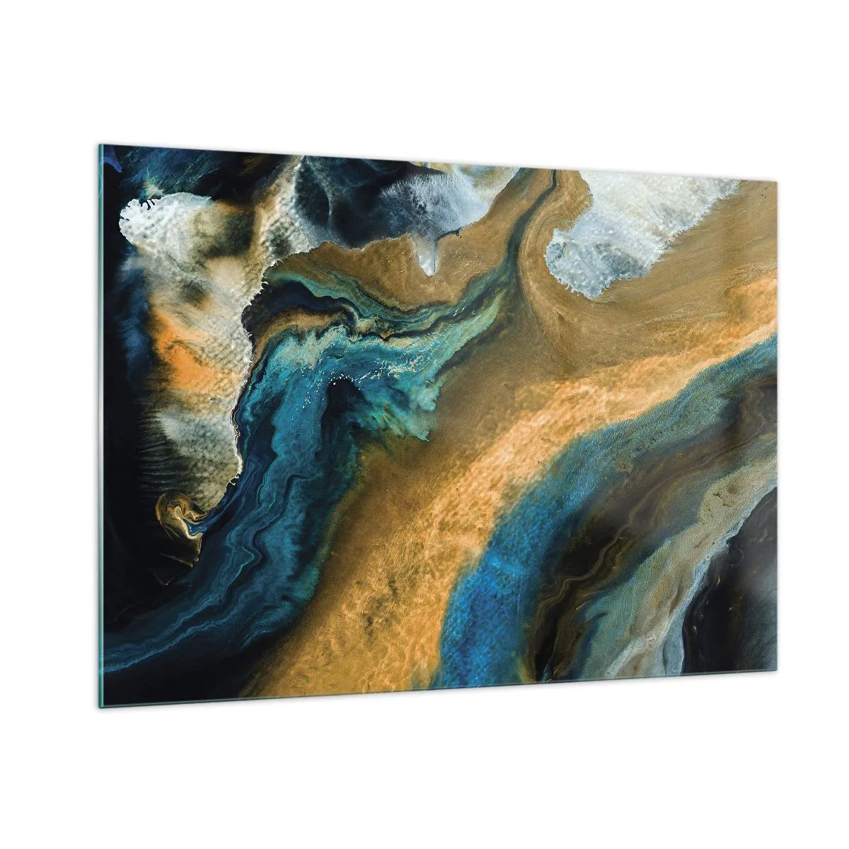 Quadro su vetro - Composizione astratta nei toni del blu e dell'oro - 100x70cm - Blu-oro: influenza reciproca - Decorazione murale moderna per soggiorno e camera da letto ARTTOR
