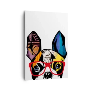 Quadro su tela - Stampe su Tela - Bulldog in un'illustrazione colorata con occhiali rossi - 70x100cm - Intellettuale - Decorazione murale moderna per soggiorno e camera da letto ARTTOR