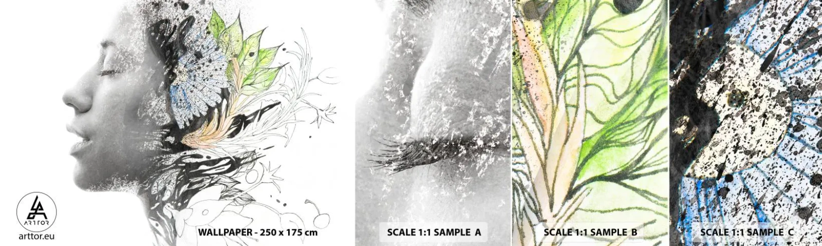 Campione di Fotomurale Adesivo Deluxe Sticker - Immersa nella natura - Astrazione, Volto di donna, Fiori - 100x30 cm