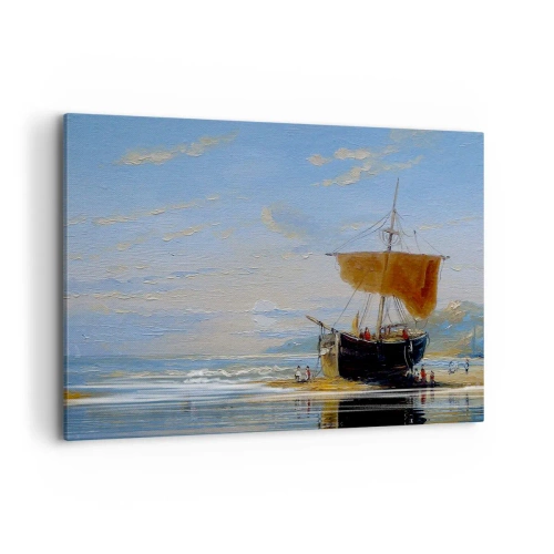 Quadro su tela - Stampe su Tela - Una nave in riva al mare in una giornata di sole - 120x80cm - Acqua, terra, aria - Decorazione murale moderna per soggiorno e camera da letto ARTTOR
