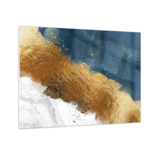 Quadro su vetro - Pennellate di vernice dorata su sfondo blu navy e bianco - 70x50cm - I colori dell'estate - Decorazione murale moderna per soggiorno e camera da letto ARTTOR