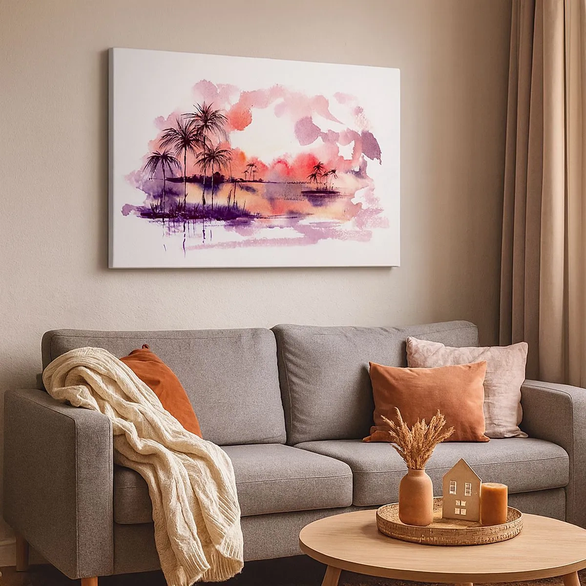 Quadro su tela - Stampe su Tela - Paesaggio tropicale con palme al tramonto in acquerello - 70x50cm - Pace dei tropici in rosso - Decorazione murale moderna per soggiorno e camera da letto ARTTOR