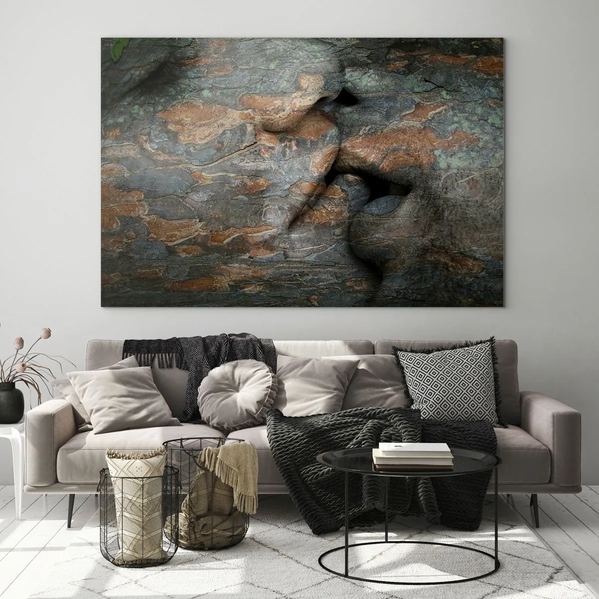 Quadro su vetro - Volti incastonati nella trama della corteccia degli alberi - 120x80cm - Insieme per sempre - Decorazione murale moderna per soggiorno e camera da letto ARTTOR