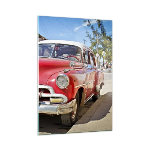 Quadro su vetro - Auto d'epoca rossa su una strada cittadina - 50x70cm - Ancora solamente a Cuba - Decorazione murale moderna per soggiorno e camera da letto ARTTOR