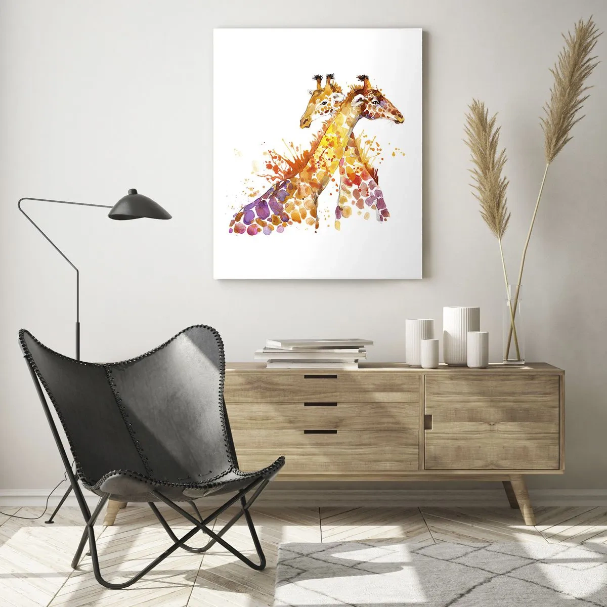 Quadro su vetro - Giraffe artistiche in stile acquerello su sfondo bianco - 50x70cm - È amicizia o amore? - Decorazione murale moderna per soggiorno e camera da letto ARTTOR