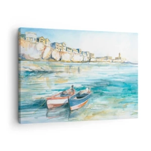 Quadro su tela - Stampe su Tela - Un pittoresco paesaggio costiero con barche sull'acqua - 70x50cm - Paesaggio in azzurro - Decorazione murale moderna per soggiorno e camera da letto ARTTOR