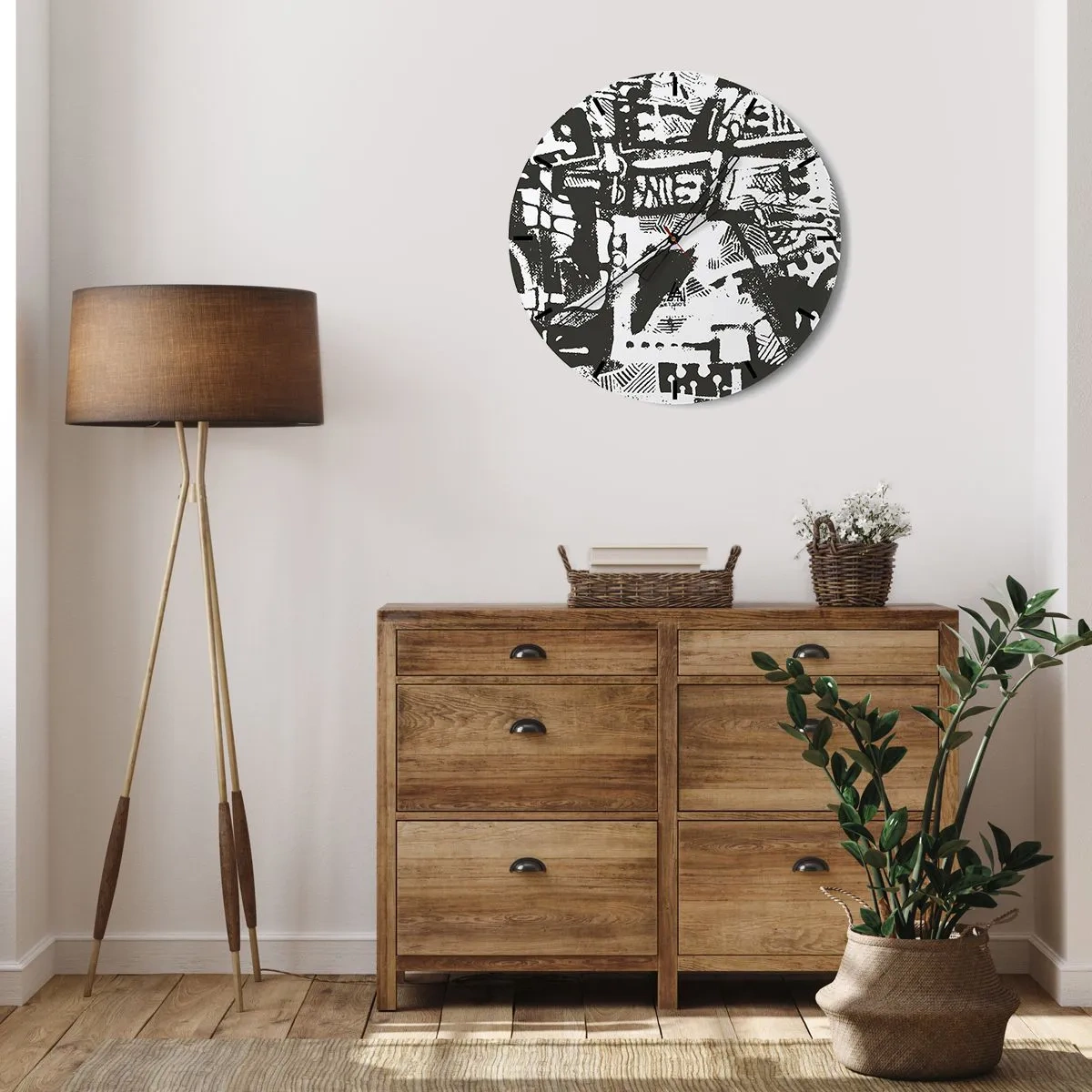 Orologio da parete - Orologio in Vetro - Motivo astratto in bianco e nero con forme geometriche - 30x30cm - Ordine o caos? - Decorazione murale moderna per soggiorno, cucina e camera da letto ARTTOR