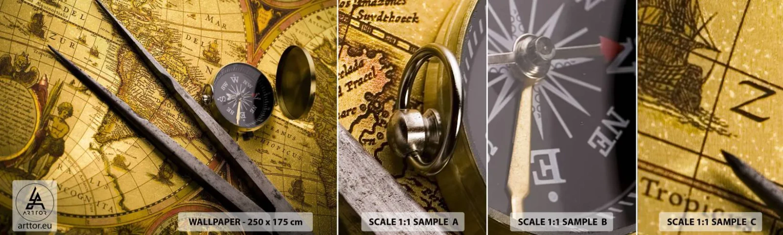 Campione Di Fotomurale Standard Eco - Dove sono questi tesori? - Bussola, Mappa del mondo, Viaggi - 100x30 cm