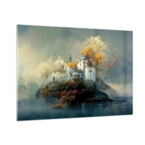 Quadro su vetro - Un castello su una roccia circondato da nebbia e alberi autunnali - 100x70cm - Inizio di una storia romantica - Decorazione murale moderna per soggiorno e camera da letto ARTTOR