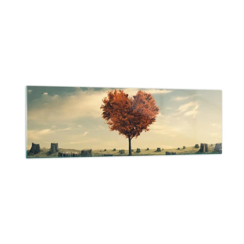 Quadro su vetro - Un albero a forma di cuore in un campo di ceppi, simbolo di speranza - 160x50cm - C'è sempre speranza - Decorazione murale moderna per soggiorno e camera da letto ARTTOR