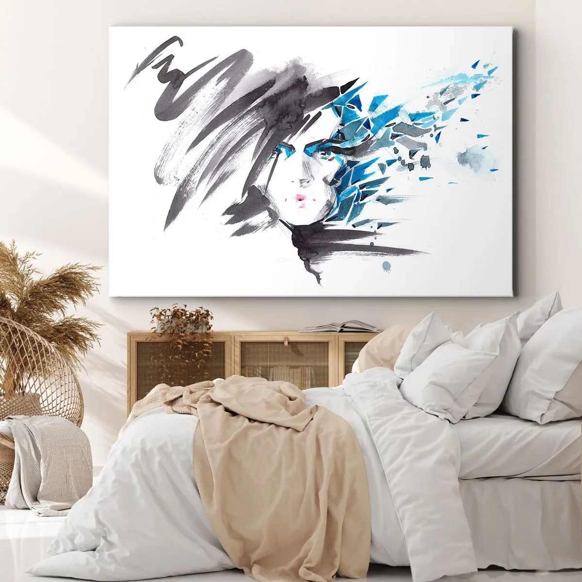 Quadro su tela - Stampe su Tela - Pittura artistica del viso ad acquerello con accenti blu - 100x70cm - Ritratto di sensualità in grigio e azzurro - Decorazione murale moderna per soggiorno e camera da letto ARTTOR
