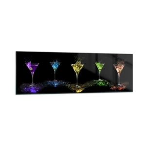 Quadro su vetro - Cocktail colorati in bicchieri su sfondo nero - 160x50cm - I colori della gioia nel mondo dei cristalli - Decorazione murale moderna per soggiorno e camera da letto ARTTOR