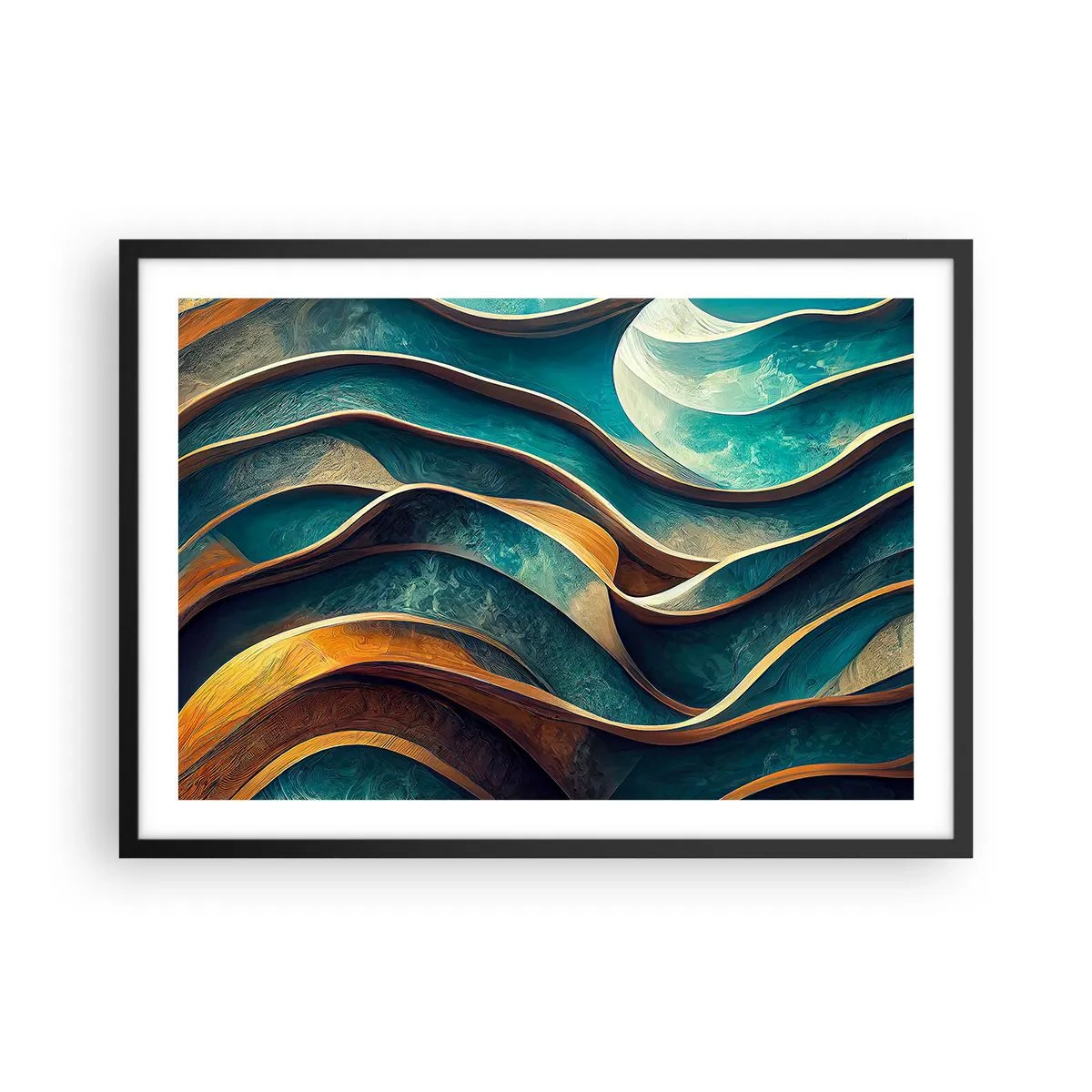Poster in cornice nera - Onde astratte nei toni del turchese e dell'oro - 70x50cm - I meandri del blu - Decorazione murale moderna per soggiorno e camera da letto ARTTOR
