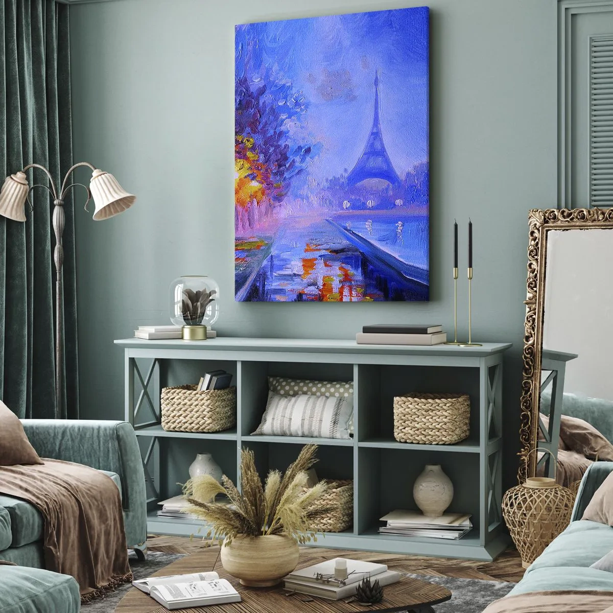 Quadro su tela - Stampe su Tela - Un viale con lampioni a Parigi con la Torre Eiffel sullo sfondo - 80x120cm - Passeggiata da sogno - Decorazione murale moderna per soggiorno e camera da letto ARTTOR