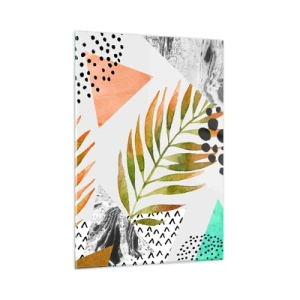 Quadro su vetro - Forme geometriche e foglie in colori pastello - 50x70cm - Decorazione con foglie di palma - Decorazione murale moderna per soggiorno e camera da letto ARTTOR