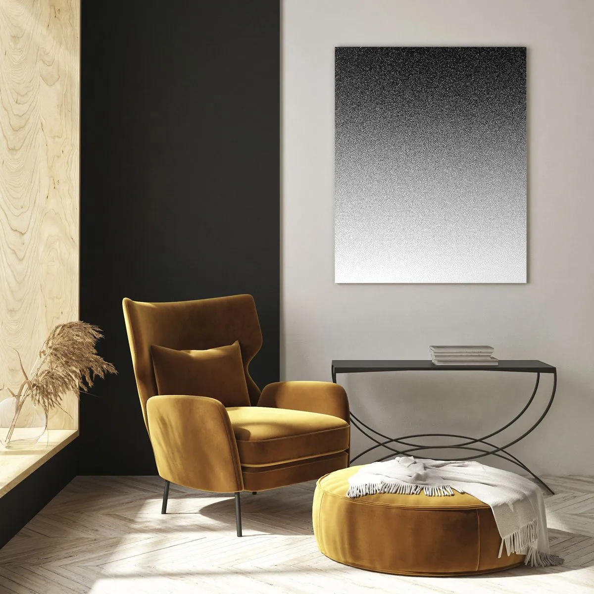 Quadro su vetro - Gradiente bianco e nero con effetti granulosi e luminosi - 50x70cm - Verso la luce - Decorazione murale moderna per soggiorno e camera da letto ARTTOR