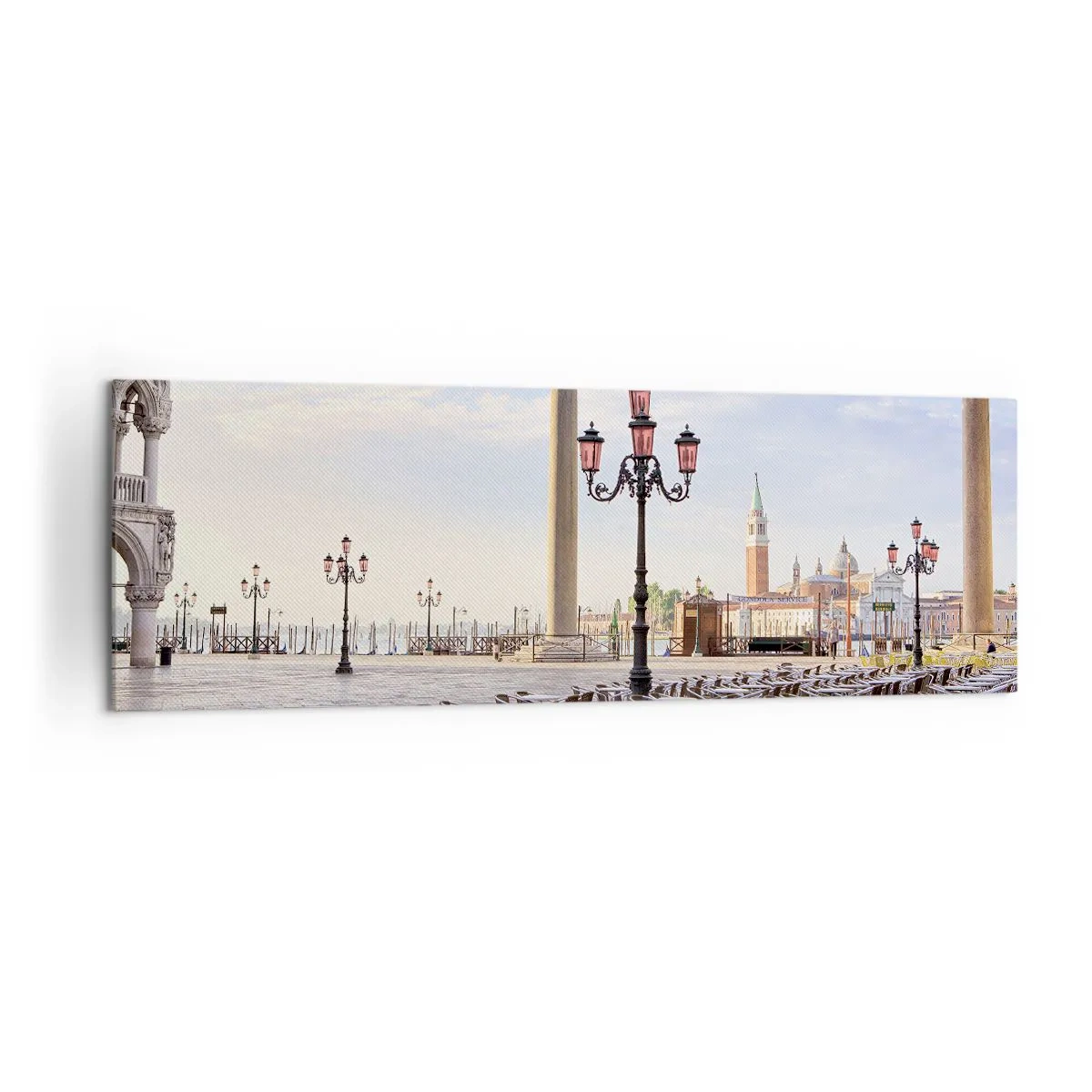 Quadro su tela - Stampe su Tela - Venezia, veduta della piazza con colonne e tavolini dei caffè - 160x50cm - Venite a tavola - Decorazione murale moderna per soggiorno e camera da letto ARTTOR