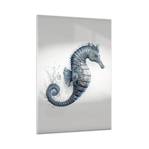 Quadro su vetro - Cavalluccio marino blu su sfondo chiaro in stile disegno - 50x70cm - Delicato scherzo di natura - Decorazione murale moderna per soggiorno e camera da letto ARTTOR