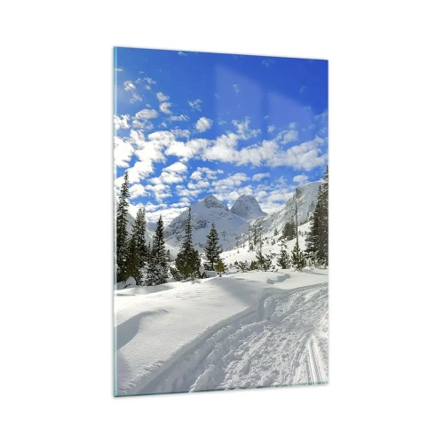Quadro su vetro - Paesaggio montano invernale con foresta e sentiero nella neve - 80x120cm - Nella neve e nel sole - Decorazione murale moderna per soggiorno e camera da letto ARTTOR
