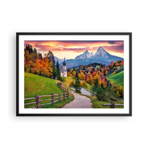 Poster in cornice nera - Paesaggio montano autunnale con cappella e tramonto - 70x50cm - Un paesaggio come dipinto - Decorazione murale moderna per soggiorno e camera da letto ARTTOR
