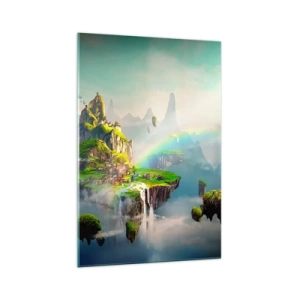 Quadro su vetro - Isole volanti tra le nuvole con un arcobaleno all'orizzonte - 70x100cm - In mezzo al cielo: isole fortunate - Decorazione murale moderna per soggiorno e camera da letto ARTTOR