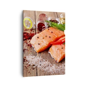 Quadro su tela - Stampe su Tela - Filetti di salmone con spezie su fondo di legno - 50x70cm - Avventura norvegese in cucina - Decorazione murale moderna per soggiorno e camera da letto ARTTOR