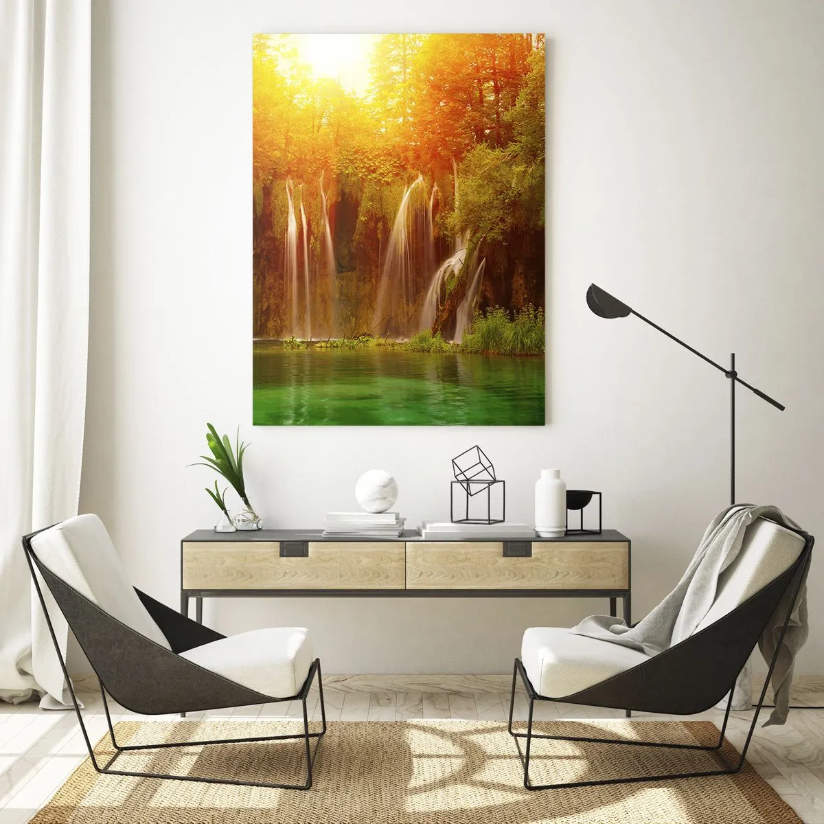 Quadro su vetro - Cascate immerse nel verde al chiarore del sole al tramonto - 80x120cm - Al sole e all'ombra - Decorazione murale moderna per soggiorno e camera da letto ARTTOR