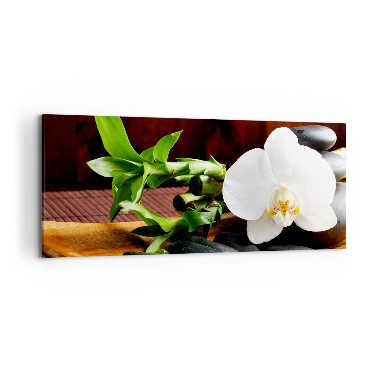 Quadro su tela - Stampe su Tela - Orchidea bianca con bambù su sfondo di pietra in stile Zen - 120x50cm - Lasciati toccare dalla natura - Decorazione murale moderna per soggiorno e camera da letto ARTTOR