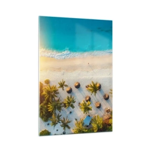 Quadro su vetro - Vista di una spiaggia tropicale con palme e mare turchese - 70x100cm - Benvenuti in paradiso - Decorazione murale moderna per soggiorno e camera da letto ARTTOR