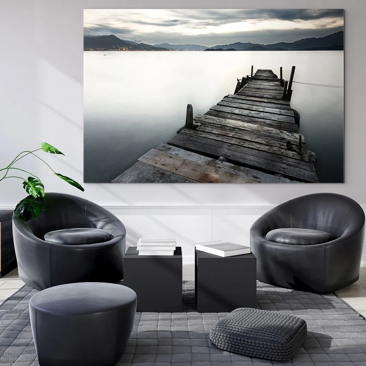 Quadro su vetro - Un molo di legno sullo sfondo di un lago calmo al tramonto - 100x70cm - Immergersi nella tranquillità - Decorazione murale moderna per soggiorno e camera da letto ARTTOR