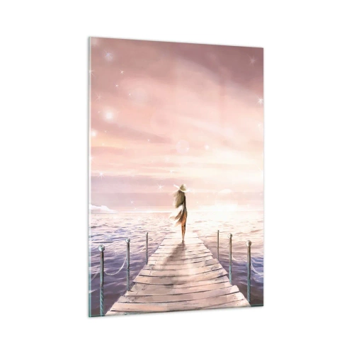 Quadro su vetro - Donna sul molo al tramonto - 50x70cm - Alla luce del sogno - Decorazione murale moderna per soggiorno e camera da letto ARTTOR