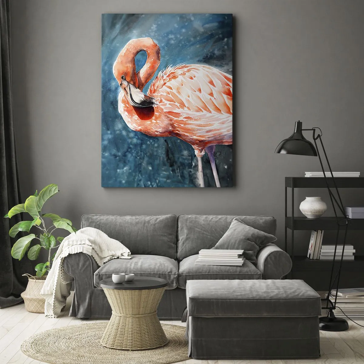 Quadro su tela - Stampe su Tela - Un fenicottero rosa su uno sfondo blu acquerello - 50x70cm - Naturalmente decorativo  - Decorazione murale moderna per soggiorno e camera da letto ARTTOR