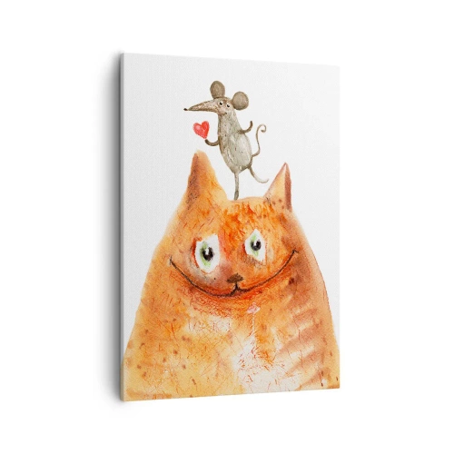 Quadro su tela - Stampe su Tela - Un disegno di un gatto con un topo sulla testa che tiene un cuore - 50x70cm - I paradossi dell'amore - Decorazione murale moderna per soggiorno e camera da letto ARTTOR
