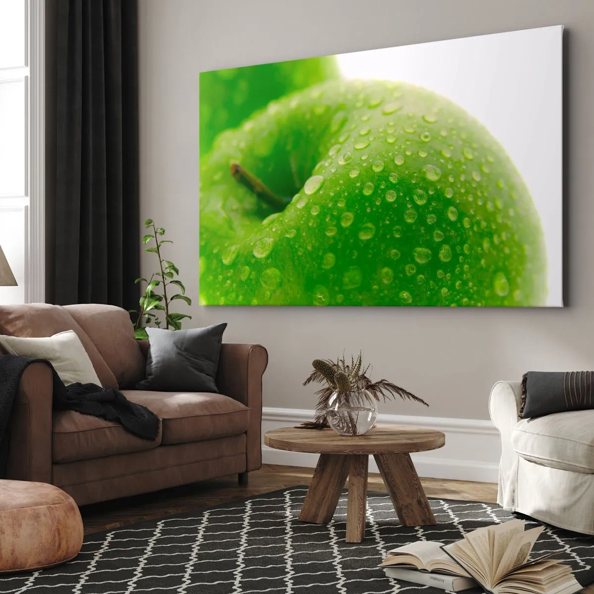Quadro su tela - Stampe su Tela - Primo piano di una mela verde con gocce d'acqua - 70x50cm - Rinfrescante verde freschezza - Decorazione murale moderna per soggiorno e camera da letto ARTTOR