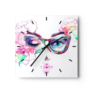 Orologio da parete - Orologio in Vetro - Volto acquerello con occhiali colorati e fiori - 30x30cm - Promessa allettante - Decorazione murale moderna per soggiorno e camera da letto ARTTOR