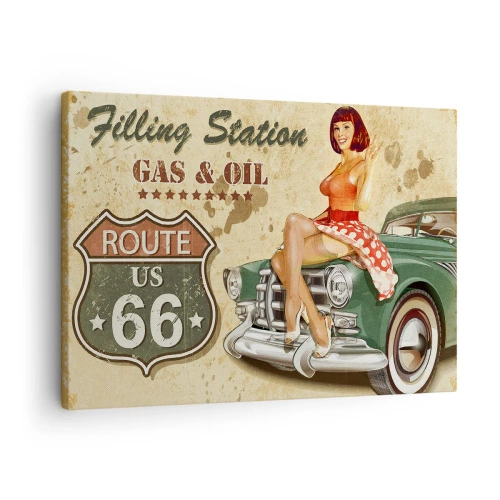 Quadro su tela - Stampe su Tela - Poster retrò della Route 66 con ragazza pin-up e macchina - 70x50cm - I fantastici anni '40 - Decorazione murale moderna per soggiorno e camera da letto ARTTOR