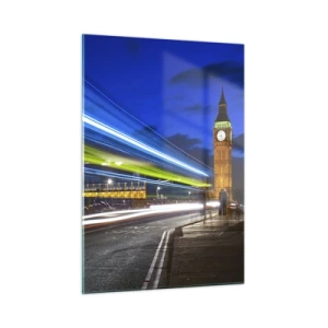 Quadro su vetro - Big Ben di notte con le luci delle auto sfocate - 50x70cm - Sotto lo sguardo del Big Ben - Decorazione murale moderna per soggiorno e camera da letto ARTTOR