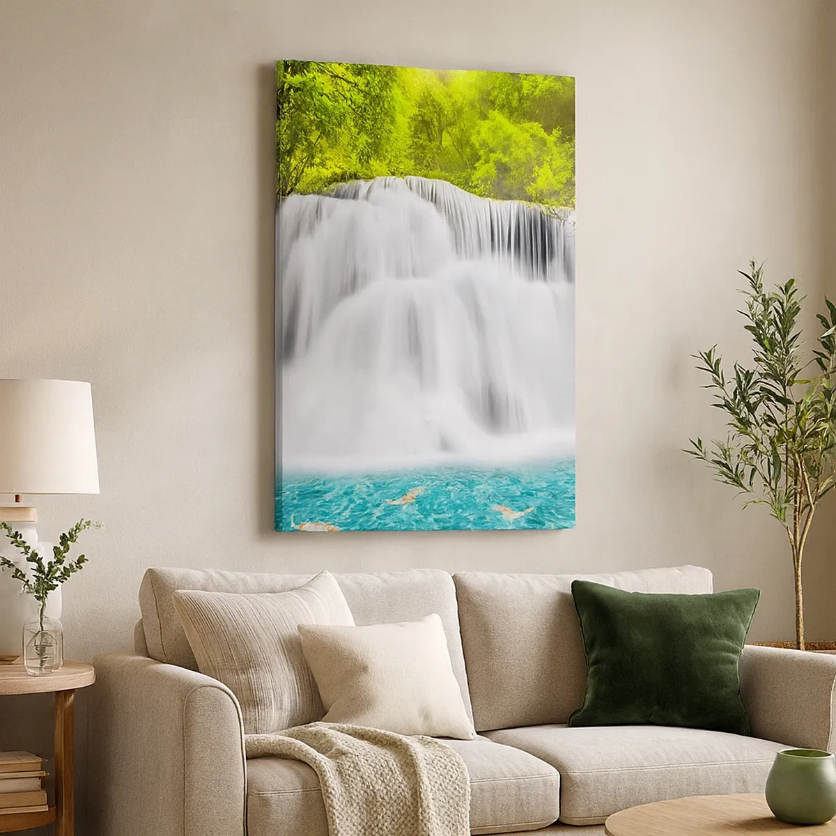Quadro su tela - Stampe su Tela - Una cascata in una foresta tropicale con acqua turchese - 50x70cm - Cascata spumeggiante dal verde all'azzurro - Decorazione murale moderna per soggiorno e camera da letto ARTTOR