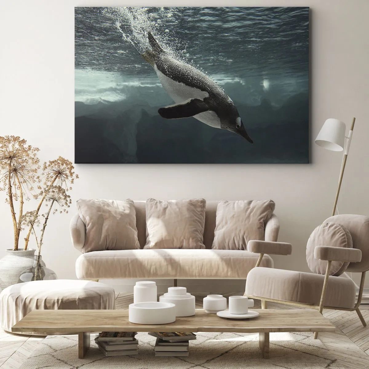 Quadro su tela - Stampe su Tela - Un pinguino che si tuffa nelle profondità dell'acqua ghiacciata - 120x80cm - Benvenuto nel mio mondo - Decorazione murale moderna per soggiorno e camera da letto ARTTOR